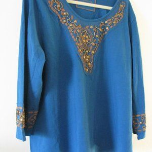 Coldwater Creek Teal Green Embellished Scoop Tee XL Top